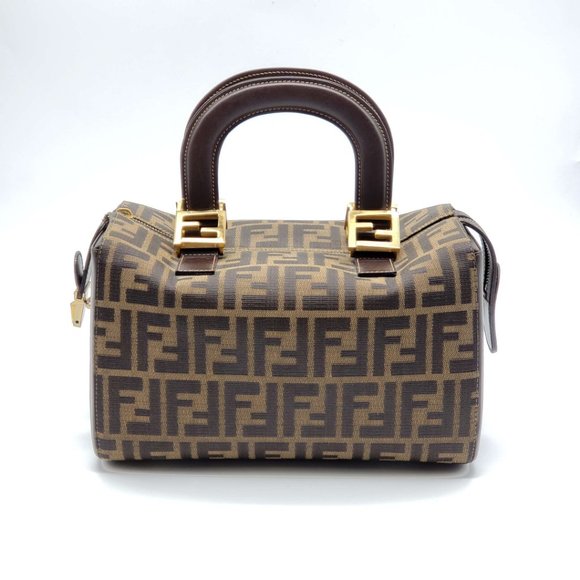 AUTH FENDI ZUCCA BROWN CANVAS LEATHER HAND BAG - Picture 2 of 16